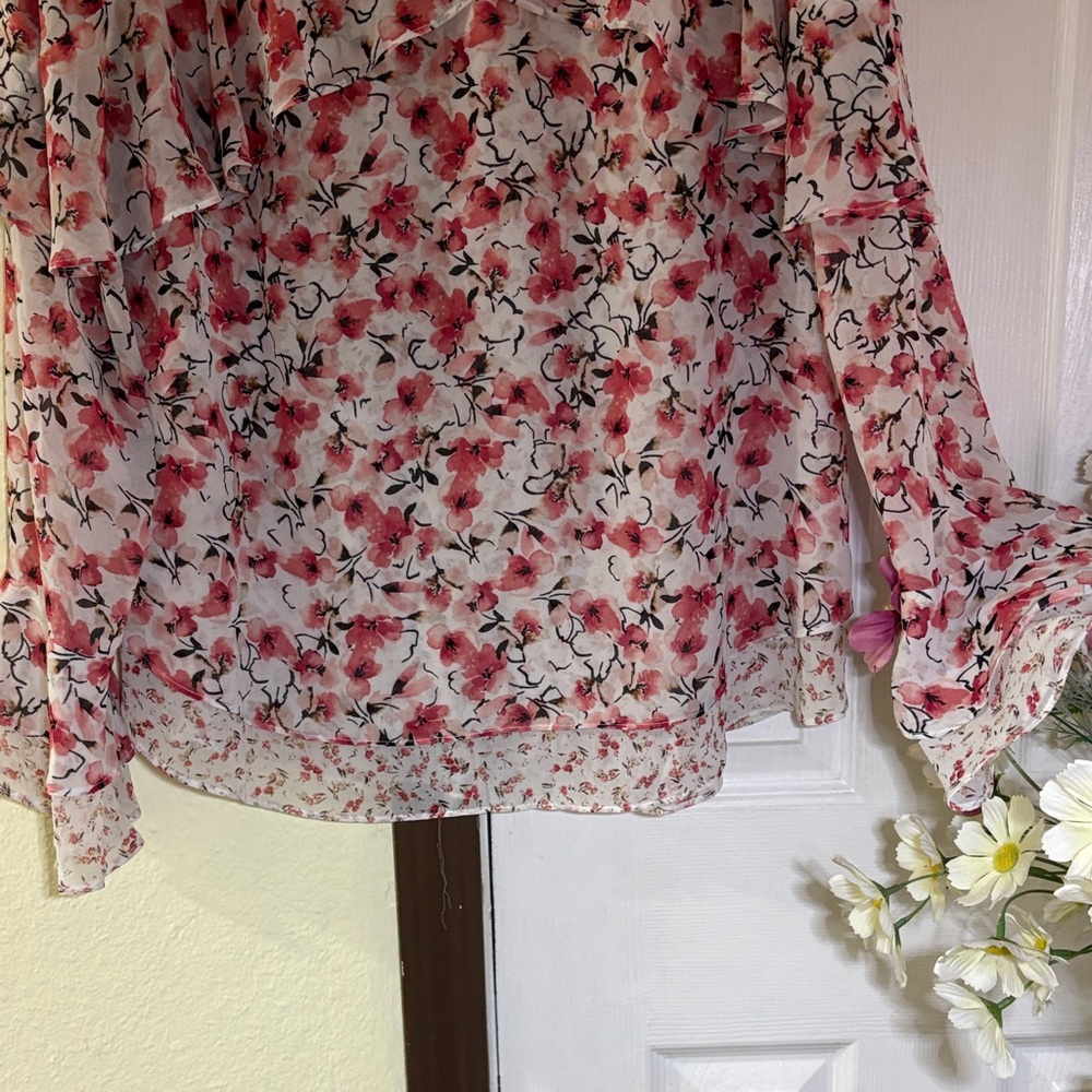 White House Black Market Pink Floral Sheer Ruffle Blouse - Picture 2 of 12